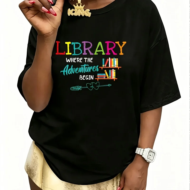 Library Books Where Adventure Begins Women's 100% Cotton T-Shirt Fun Print Short Sleeve Top Casual Round Neck Tee S-5Xl
