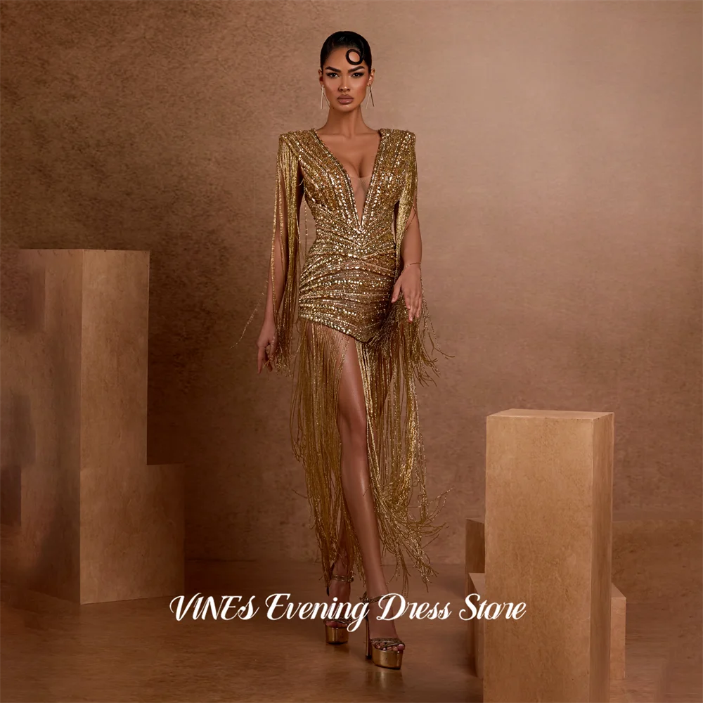

VINES Golden Prom Dress V Neck Off Shoulder Celebrity Dresses Glitter Sequin Tassel Women's Evening Dress for Gala Customized