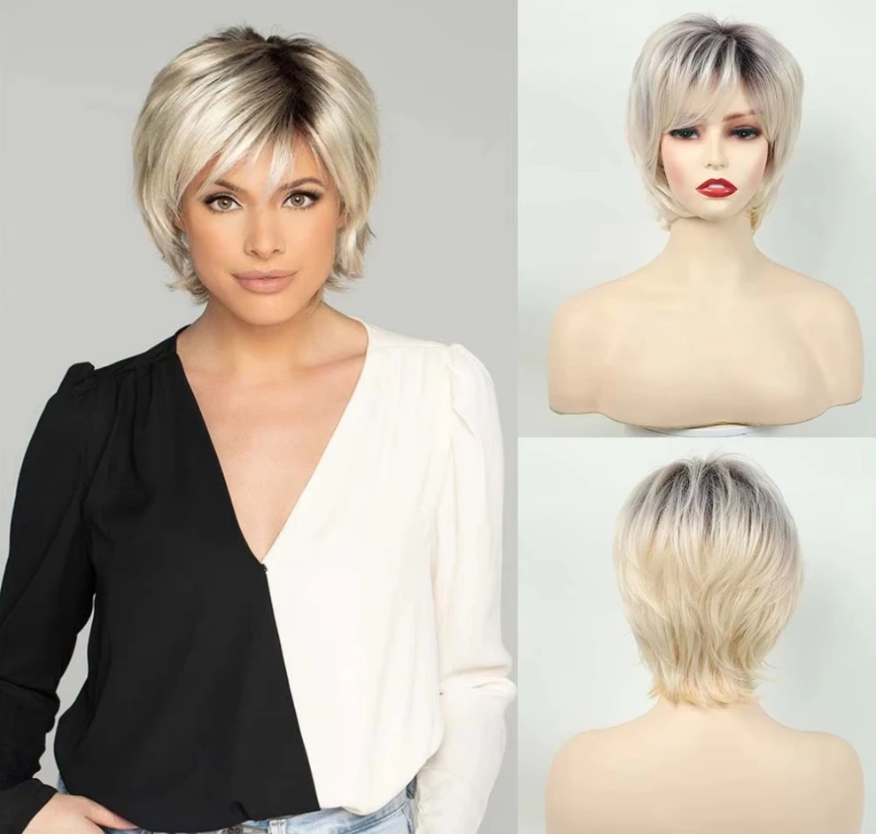 

Short Straight Wig Pixie Cut Wigs For Women Light Blonde Wigs Women Synthetic Hair Wig With Bangs Heat Resistant Fiber