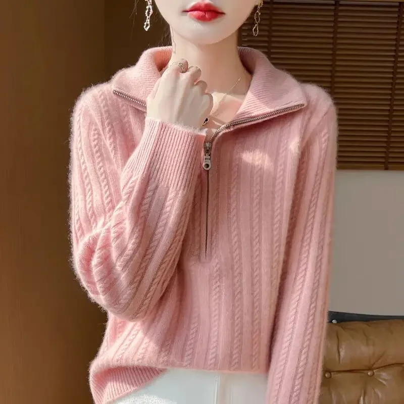 

Zjaiss Women's 2025 Autumn Winter Jacquard Loose Long-Sleeve Sweater Chic Turtleneck Pullover Sweater Knitted Bottoming Tops