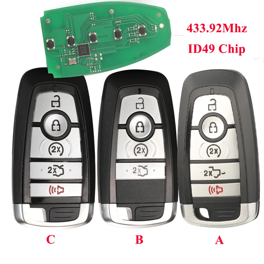 

jingyuqin New 433.92Mhz ID49Chip Smart Key for Ford Mondeo Mustang Fusion F-250 F-350/450/550 2017 M3N-A3C108397 PC3T-15K601-BB