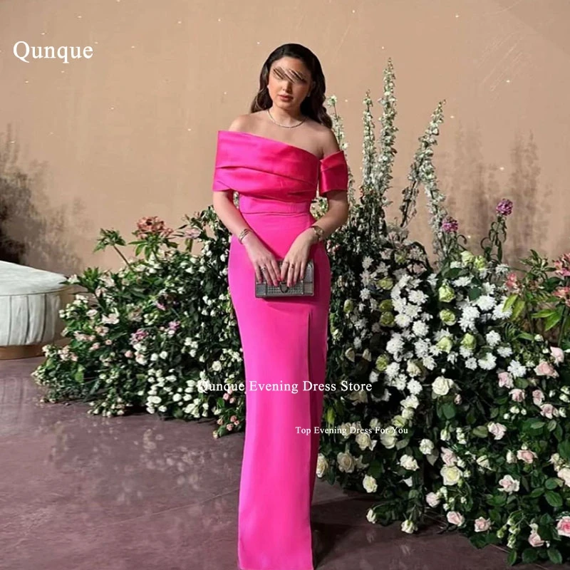 Qunque Fuchsia Mermaid Prom Dresses Customized Off Shoulder Sleeves High Slit Party Gala Gown Vestidos De Fiesta Evening Gown