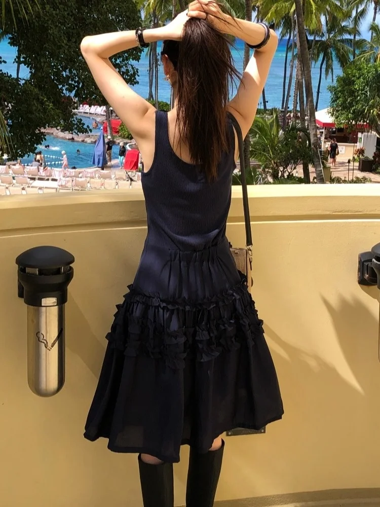 스윗 스타일 레이어드 우드 이어 스플라이스 베스트 드레스 여성 여름 신상 레트로 A라인 미디 스커트 반팔 친환경 섬유