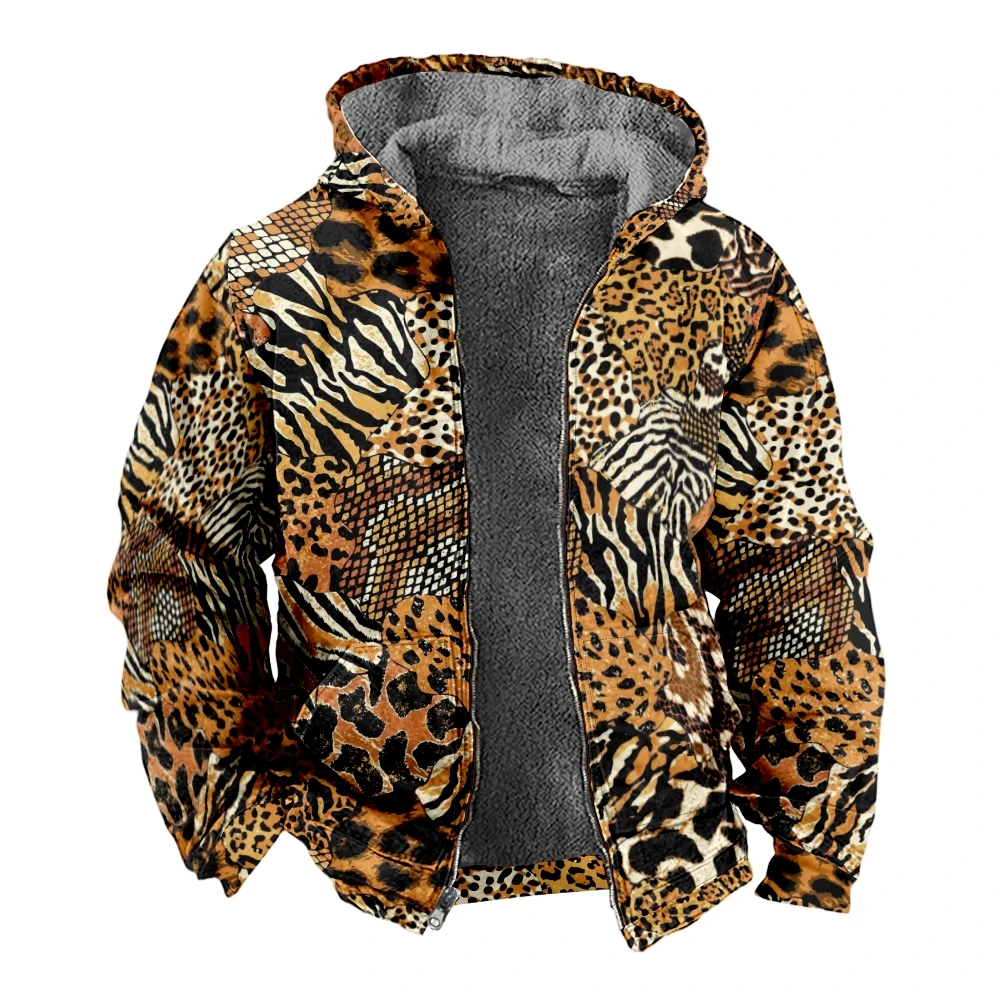 Autumn Winter Fleece Zip Up Hoodies Patchwork Leopard Digital Print Men Parka Coats Jackets Outerwear Sweatshirts Clothing