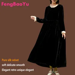 Fengbaoyu-Silk Velvet Dress for Women, Long Sleeve, Lotus Leaf Collar, Plus Size, Comfortable Warm Clothing, Autumn and Winter