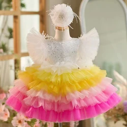 Jill Wish J275 Sequine White Tulle Flower Girl Dress Lace Puffy Sleeve Knee Length for Princess Wedding Birthday Party Ball Gown