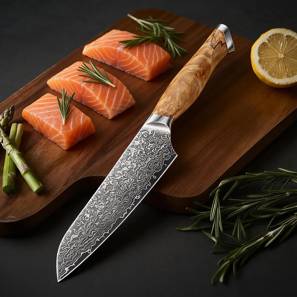 RHON 7PCS Damascus Steel Kitchen Knives Set Chefs Cuisine Beef Meat Gyuto Slicing Boning Rib Bread Cutting Utility Fruit Knives
