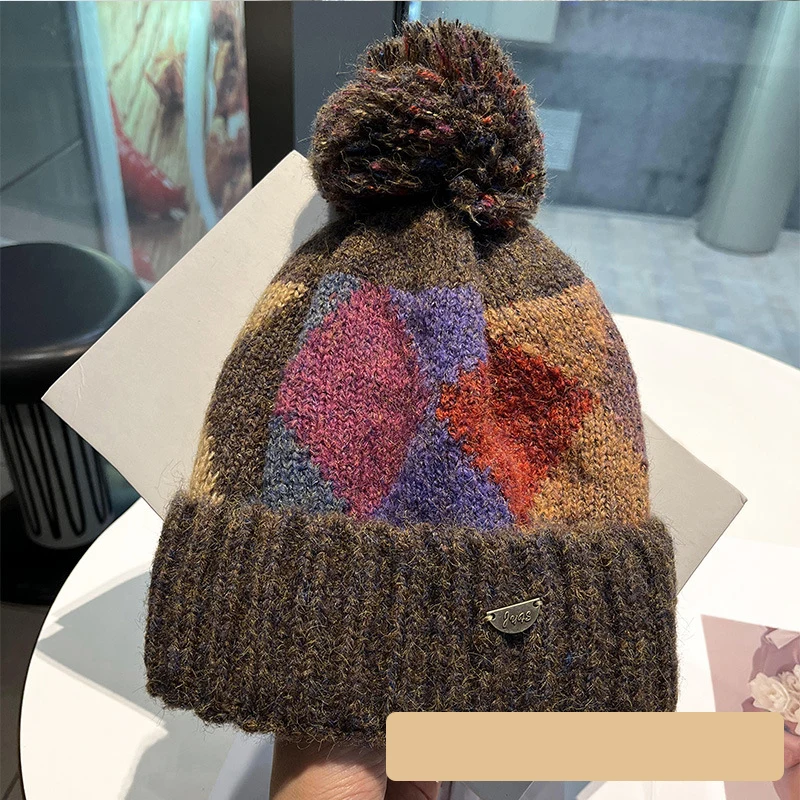 جديد Colorblock الماس نمط بوم بوم قبعة، الشتاء محبوك قبعة مترهل للنساء قبعة كابل سميكة دافئة #3