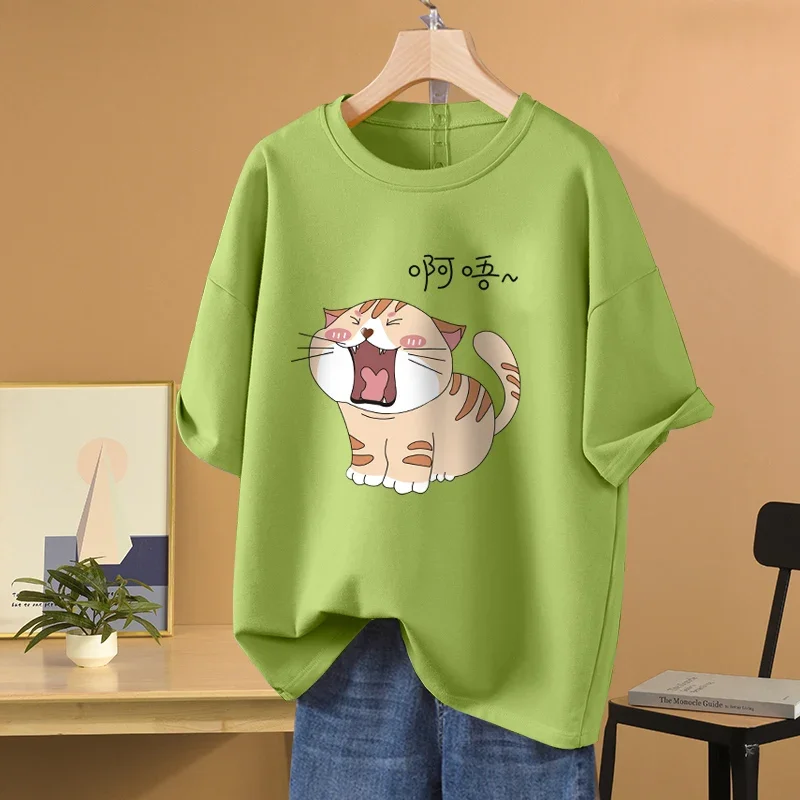 EBAIHUI 100% Cotton L-5XL Plus Size T Shirt Cat Print O Neck Tshirt Short Sleeve Women Top Basic Summer Couple Solid T Shirts
