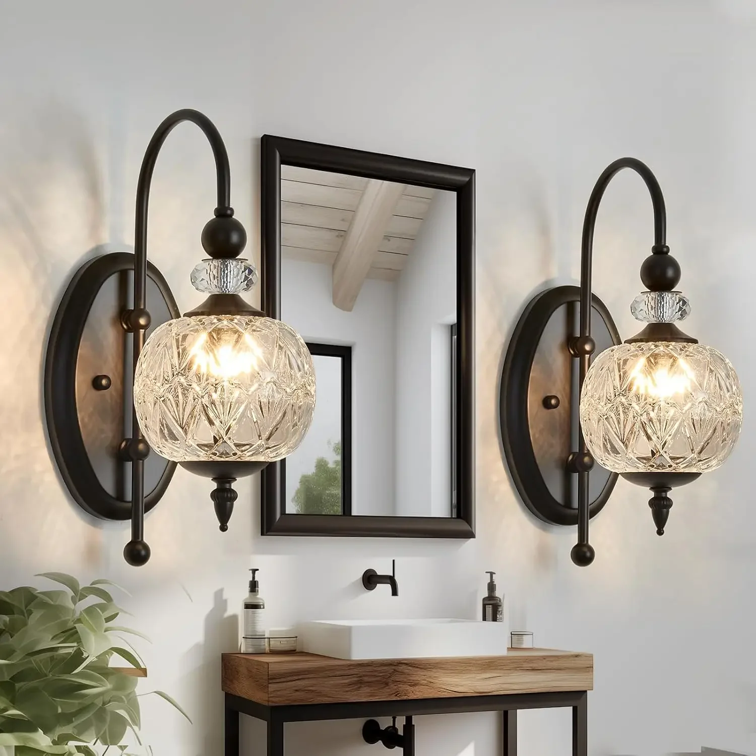 

Vintage Black Wall Sconce with Glass Globe Shade Mid Century G9 Bulb Wall Light Set of Two Indoor Vanity Lighting for Bathroom F