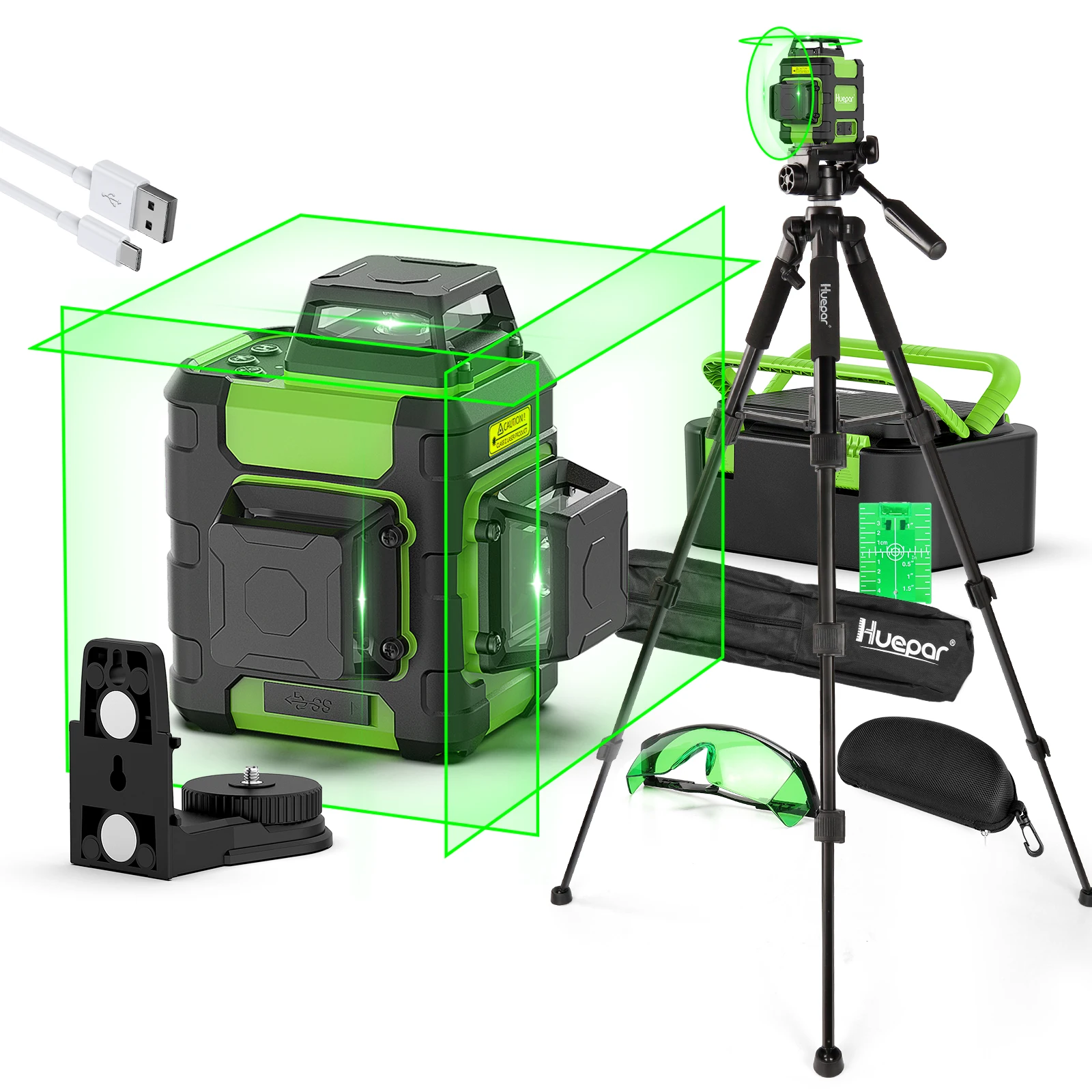 Huepar 3x360°Green Beam 12 Lines Laser Level Self-Leveling Cross Line Laser Level Tool Set With Magnetic Bracket & 1.27M Tripod