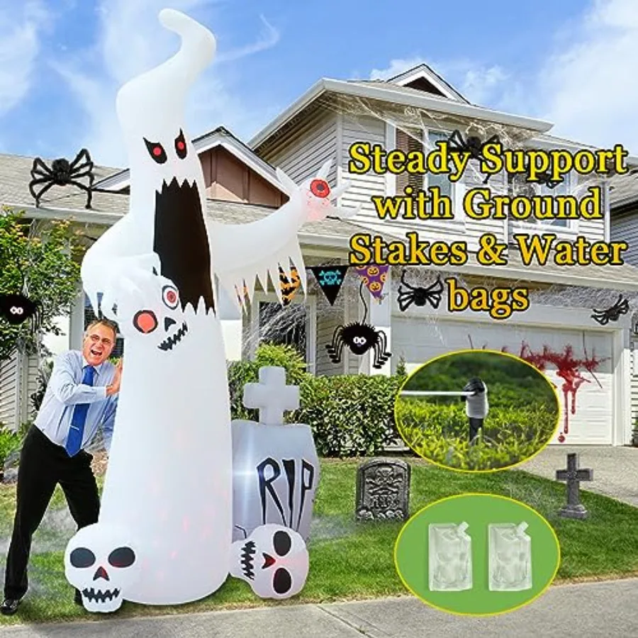 Halloween Outdoor Decorations: 12 Ft Inflatable Ghost With 3 Skulls, White Fabric, Built-In LED Lighting For Garden And Party view 5