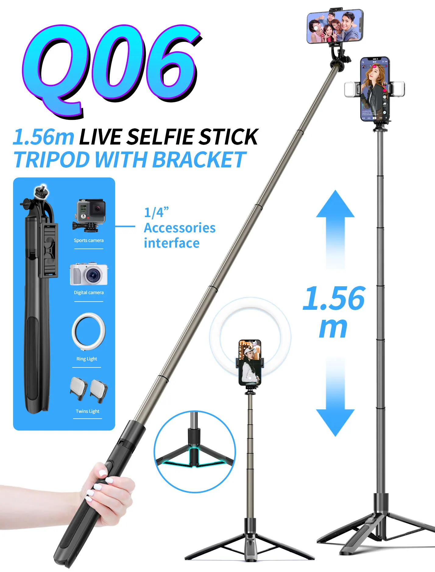 Q06 for Live Streaming Lengthened Aluminum Alloy Bluetooth Selfie Stick Integrated Multifunctional Floor Tripod Photography