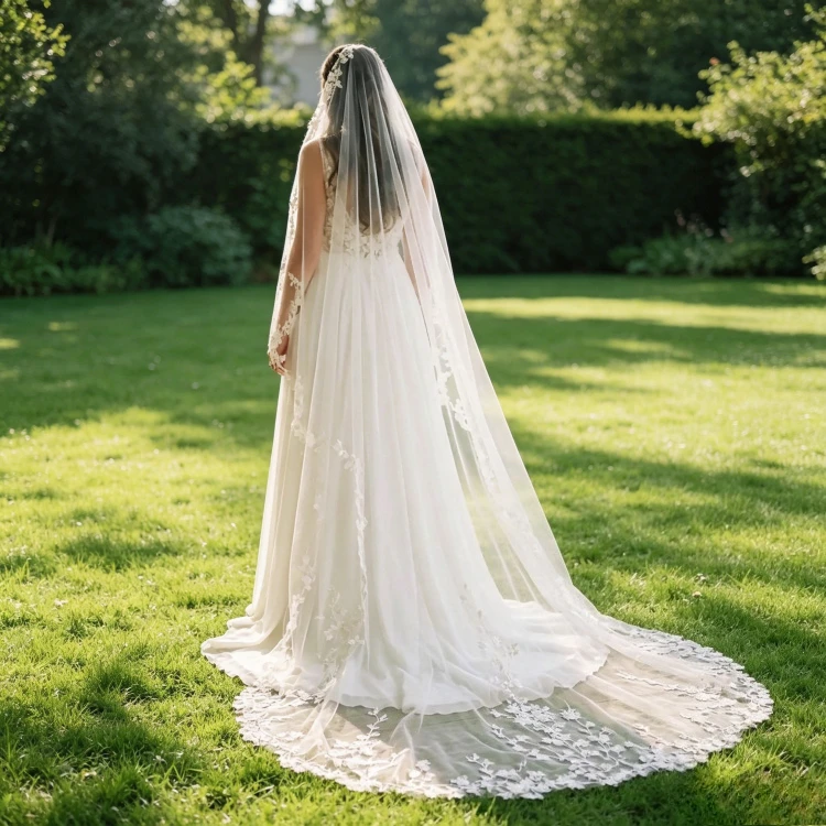 Wedding Veil Embroidered Flower Bridal Veil Handmade Long Veil Unique White Ivory Tulle Soft Mantila Eyelash Lace Edge