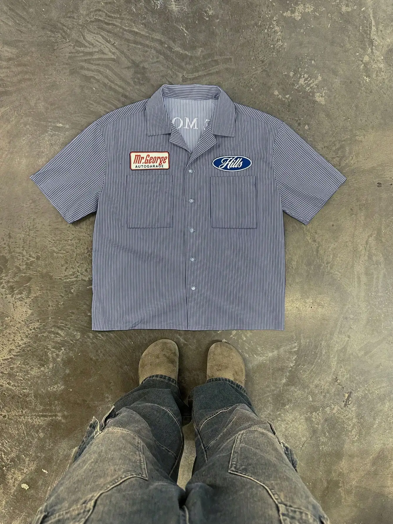 

Men's Blue Gray Striped Workwear-Style Short Sleeve Shirt, Summer Casual