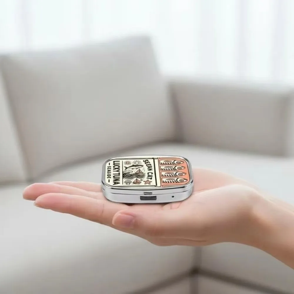 Portable Metal Sardine Print Pill Box Mini Cute 2 Grids Pill Box Cartoon Ocean Style Sardine Jewelry Box Travel