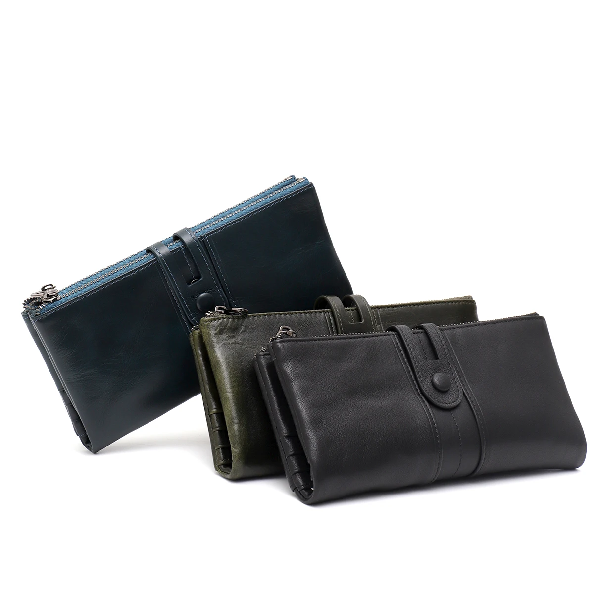 SC Real Oil Waxed Cowhide Leather Long Wallet Women Unisex Bifold RFID Multi Functional Card Holders Slots Coin Purse Fits Phone