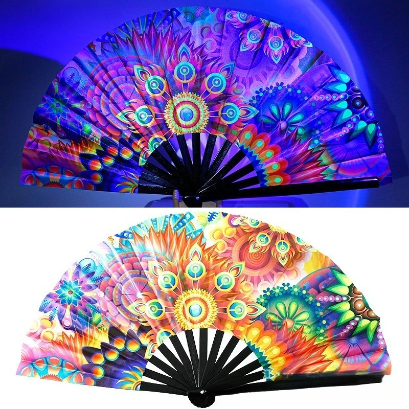 33Cm Kung Fu Fan UV Printing Fluorescent Fan Bamboo Bone-Fan Novelty Party Gift Home Decoration