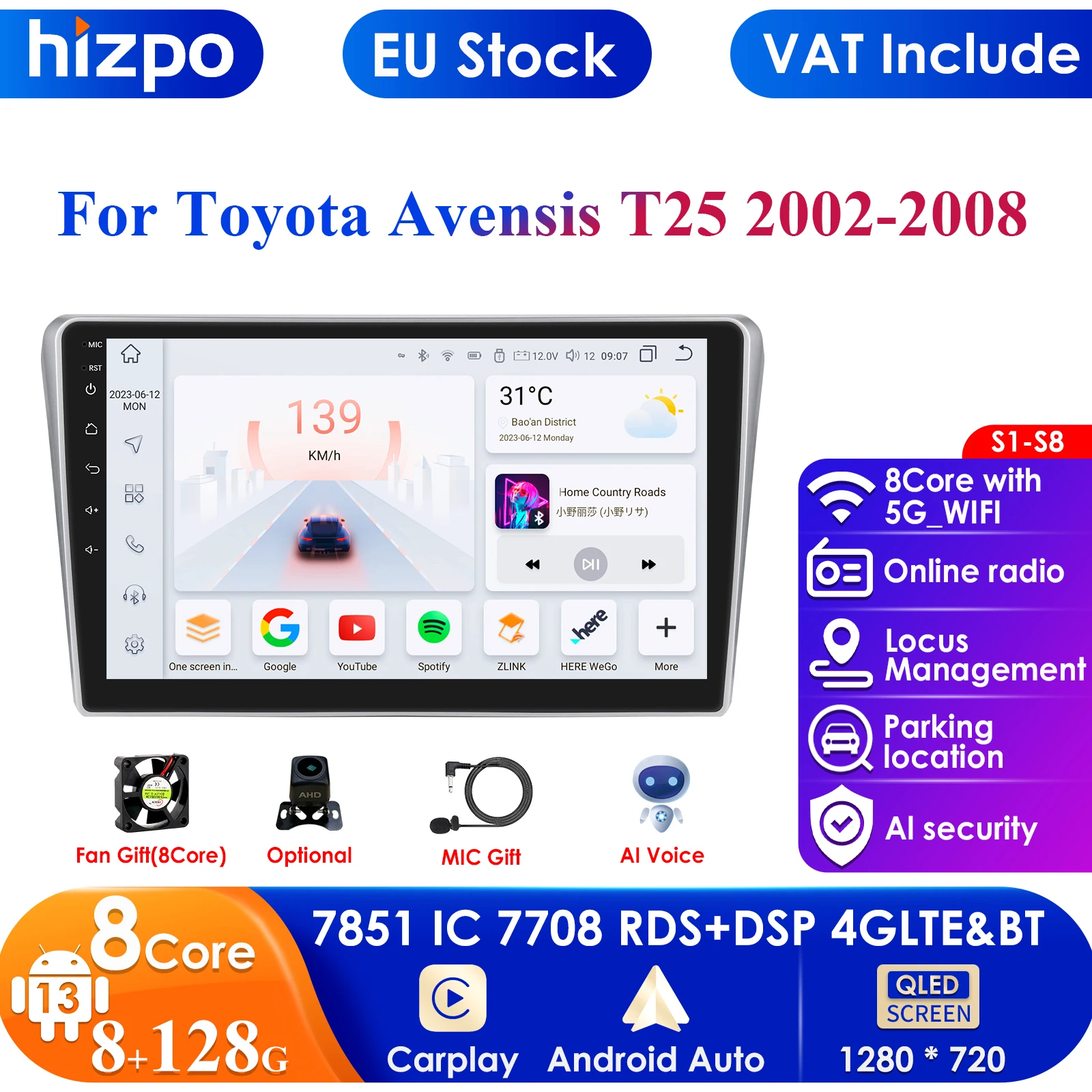 Intelligent Screen 2din Android Car Radio Multimedia Video Player for Toyota Avensis T25 2002- 2008 GPS Navi Carplay Auto 4G RDS