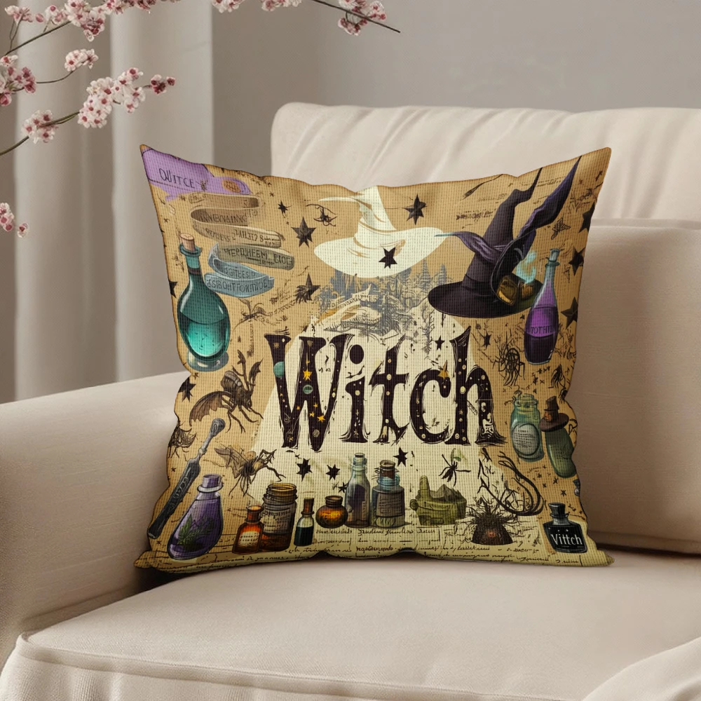 Square Throw Pillow Beige Vintage Witch Hat Potion Bottles Magic Print For Halloween Home Sofa Bedroom Living Room Decor