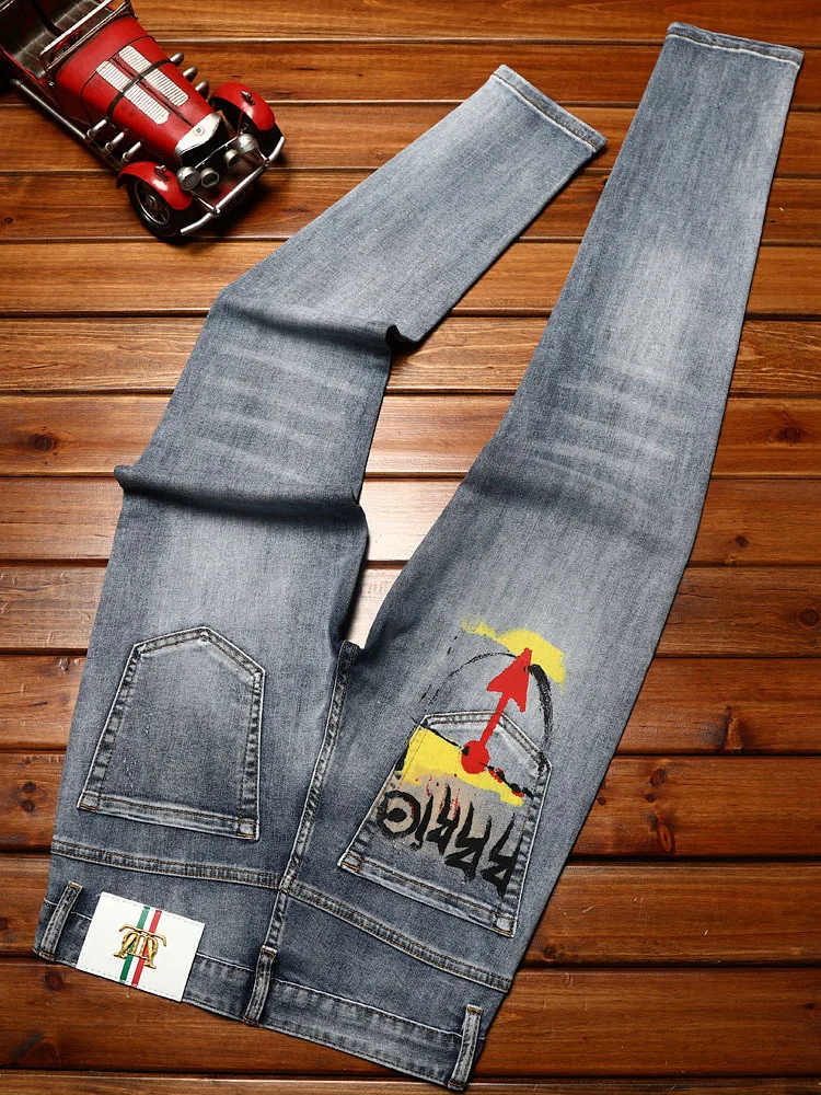 Graffiti Printing Jeans Men\'s Fashion Summer Thin Street Slim Fit Skinny Fashion Elastic Personalized Denim Trousers