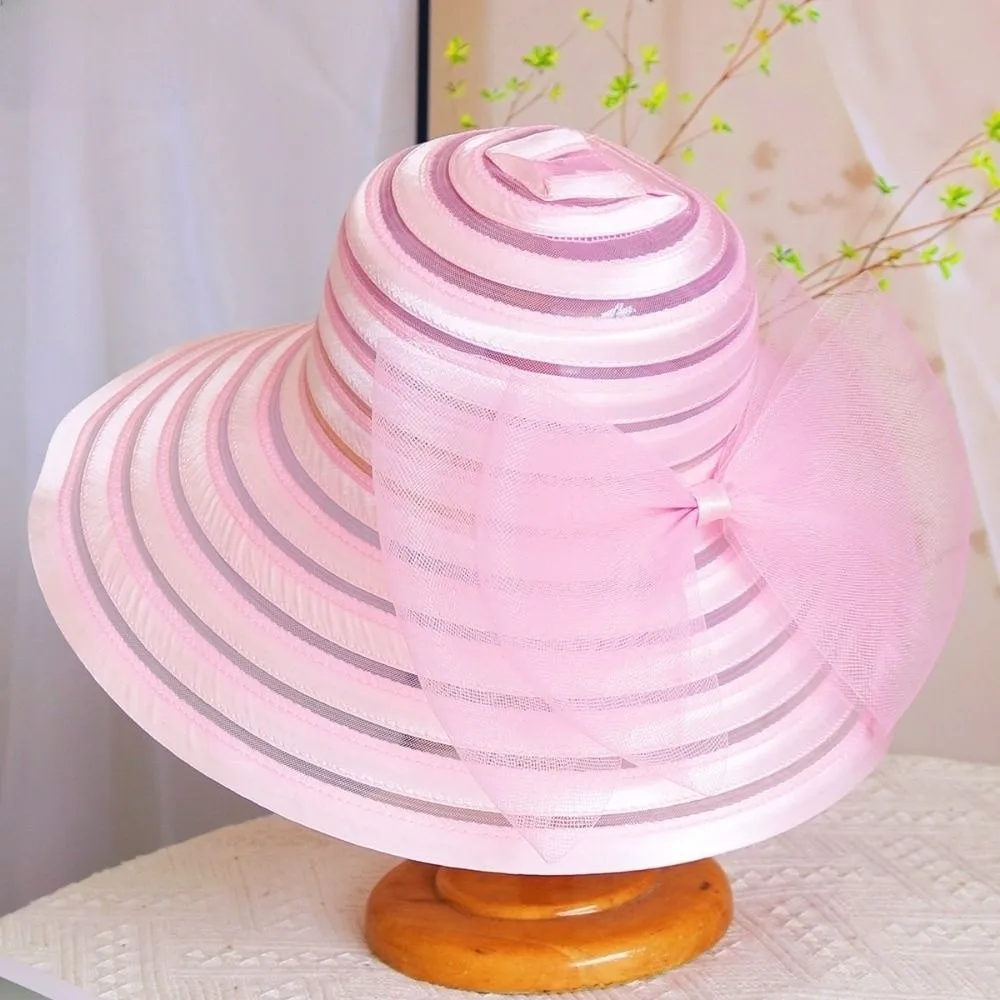 Elegant Ruffles Design Organza Mesh Hat Large Bow Breathable Tea Party Cap Wide Brim Sun Hat Resort Wear