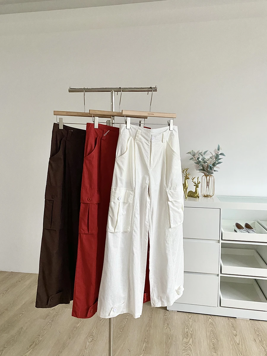 

Брюки женские летние 2025: модные, универсальные, с высокой талией, облегающие, в американском стиле, широкие штанины, повседневные