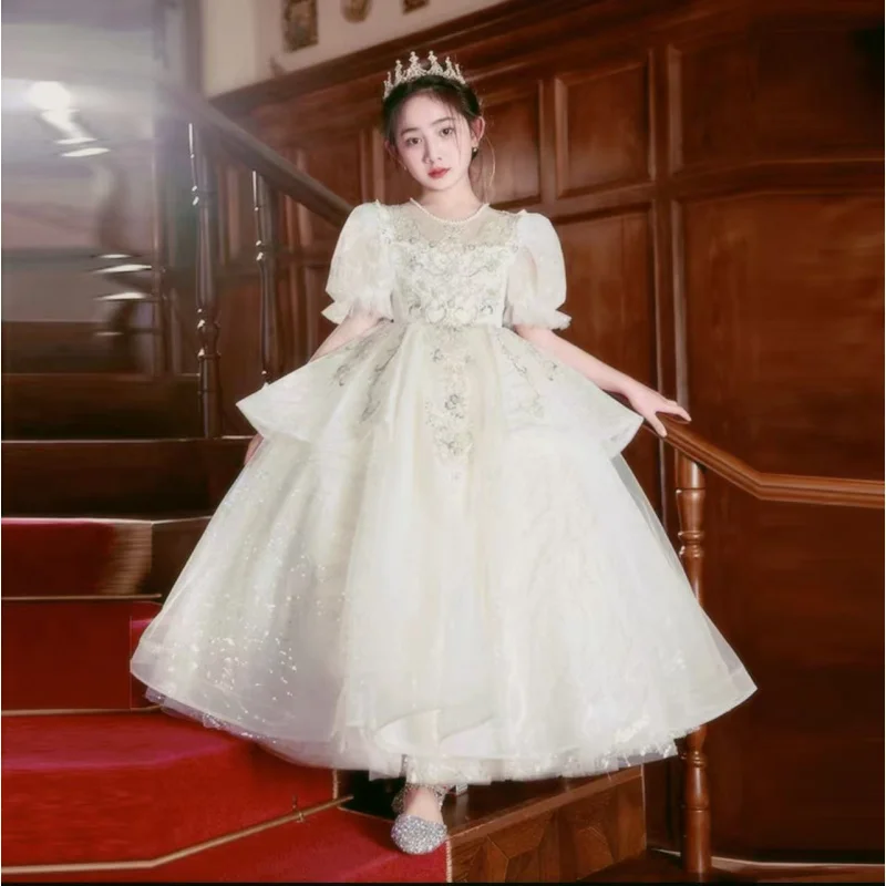 Children's Dress Spring and Autumn Girls' French Style Birthday Princess Dress Performance Costume Big Kids' Evening Dress Host