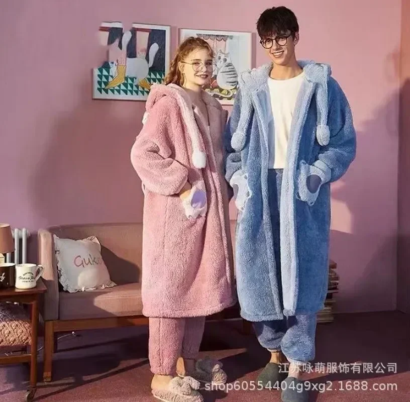 Disney Kawaii Stitch Angel Hooded Pajamas Clothes Set Y2k Couple Coral Fleece Home Women Winter Warm Plush Female Sleepwear Suit