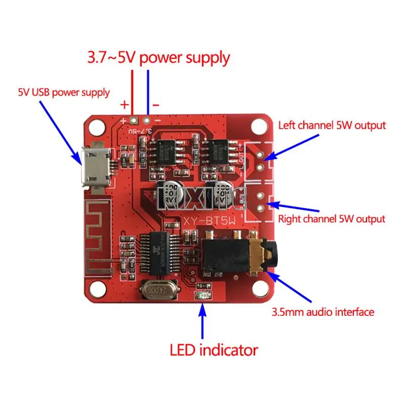 XY-BT5W DC 3,7 ~ 5V Bluetooth 5,0 аудиоприемник 5w + 5w Плата стереоусилителя мощности