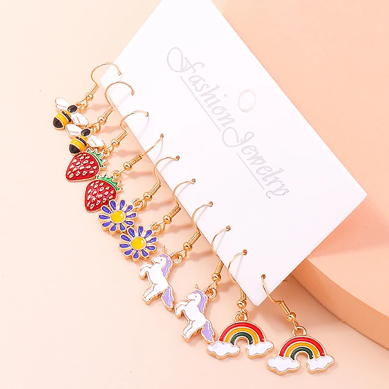 Aihua Cute Animal Earrings Sets For Women Girls Enamel Bee Unicorn Flower Strawberry Rainbow Earrings for Birthday Party Gifts