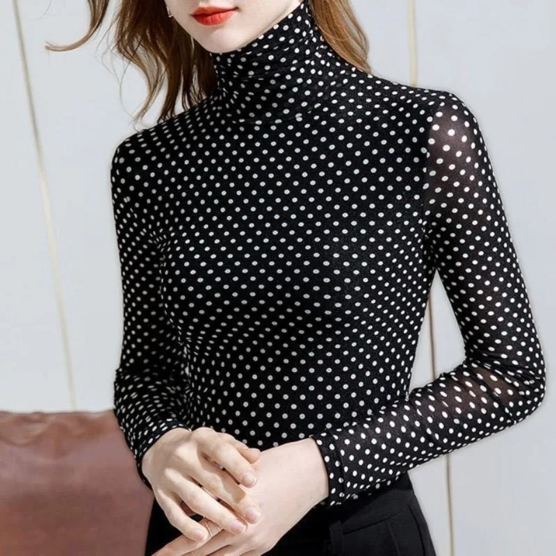 Women\'s Turtleneck Bottom 2023 Spring and Summer New Commute Polka Dot Gauze Long Sleeve Thin Pullover Slim Stylish T-shirt Tops