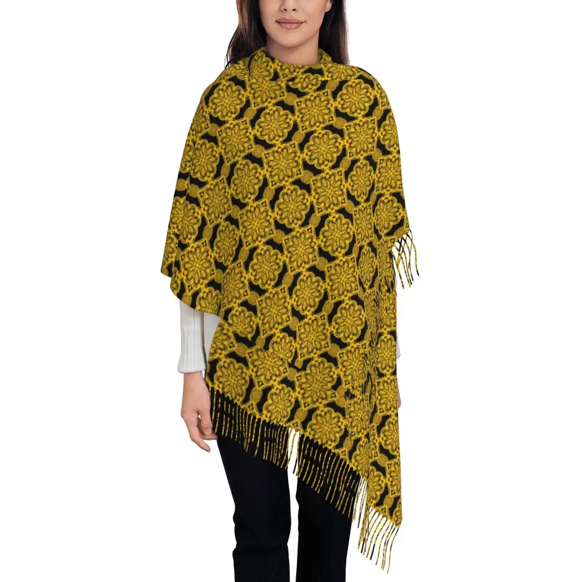 

Custom Ikat Geometric Tribal Ethnic Pattern Tassel Scarf Women Soft Shawls Wraps Ladies Winter Scarves