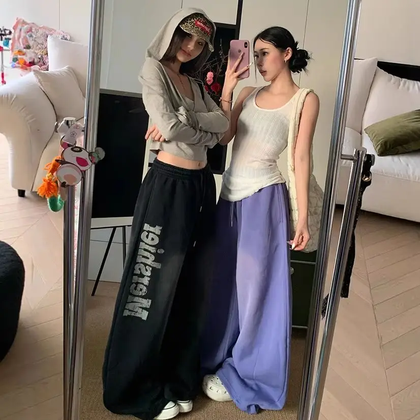 BB American Letter Print Elastic Waist Retro Wide Leg Drapey Casual Sweatpants For Men Women Scimitar Pants Versatile Street Wea