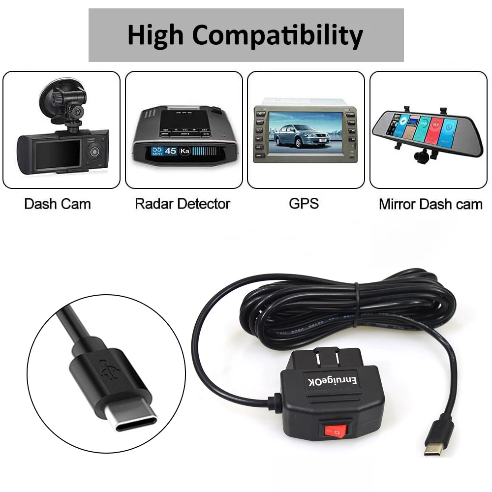 OBD USB C Power Cable OBD2 OBDII 12V 3A Output Type c 24 Hour Car Recorder Hardwired Line 3.5M for Dash Cam Car Camera