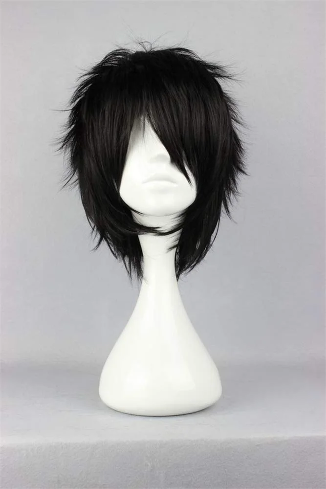 Peluca corta negra para Cosplay, pelo sintético resistente al calor, esponjoso, Emo