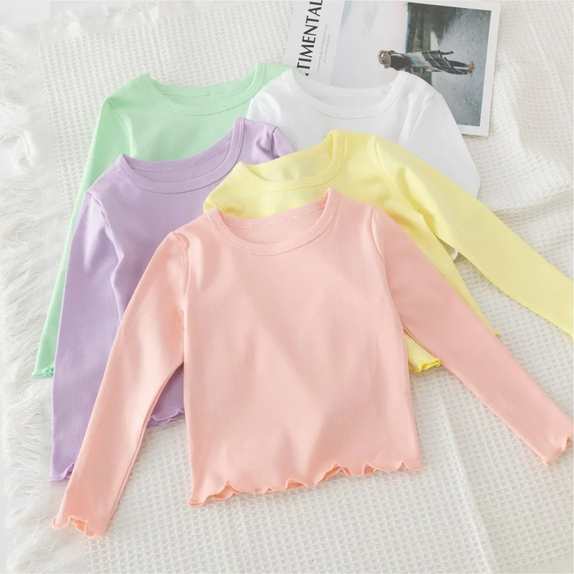 

Весенне-осенняя новая короткая базовая рубашка с круглым вырезом для девочек, повседневная футболка с длинными рукавами, однотонный детский белый топ