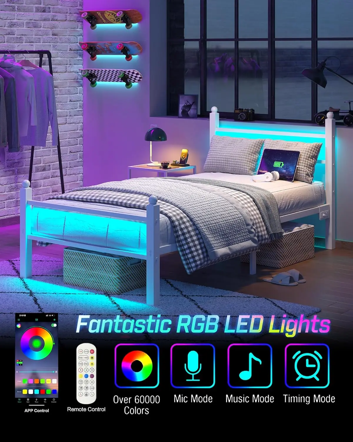 Twin Metal Bed Frame with Headboard Footboard LED Lights Charging Station Under Bed Storage No Box Spring Noise Free Customized image 6