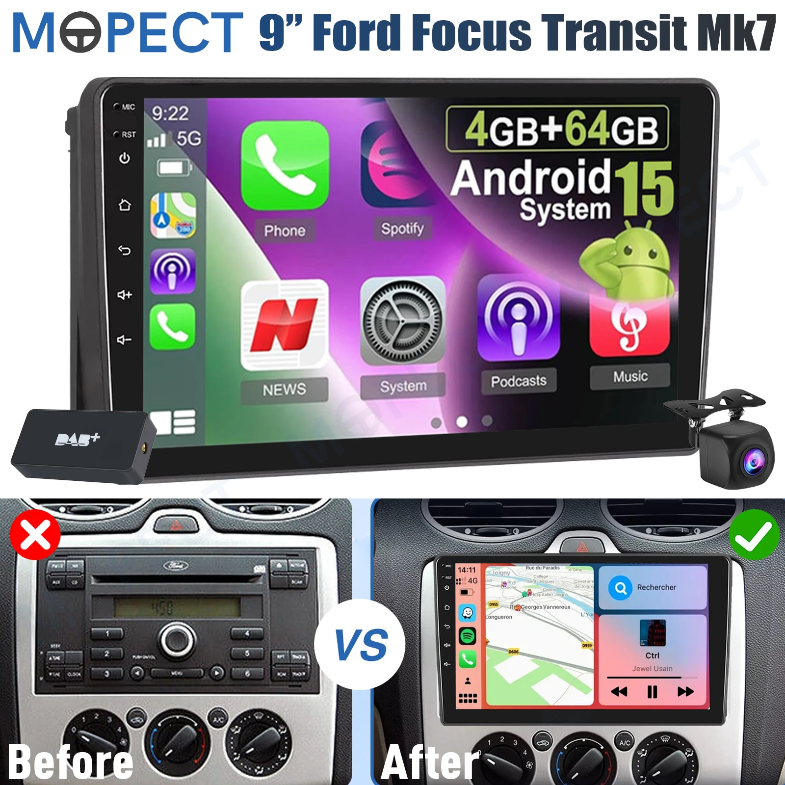 MOPECT 4+64GB voor Ford Transit MK7 2007-2014 / Ford Focus 2005-2008 Android 15 Carplay autoradio GPS navigatie BT+DAB&DVR+AHD