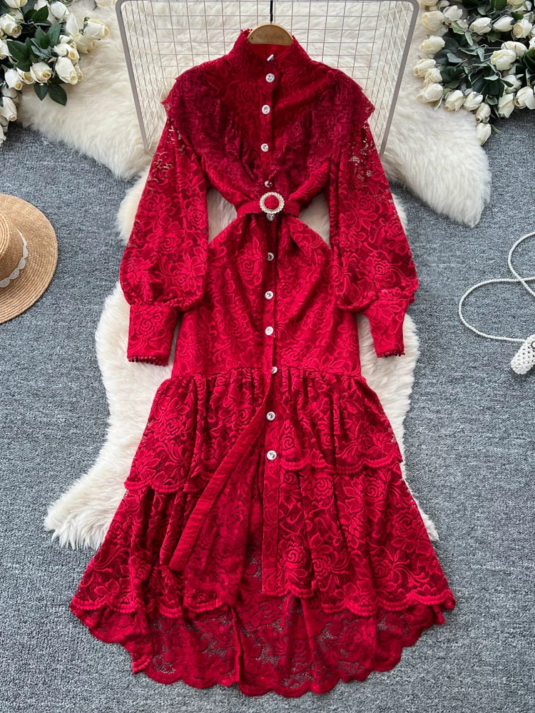 

Women Dress European French Court Autumn Luxury Stand Collar Single Breasted Straps Lace Maxi Long Bandage Vestidos DS246