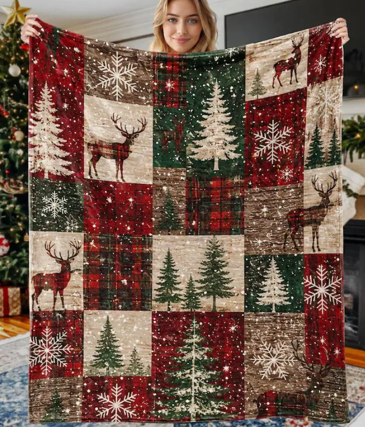 Christmas Deer Blanket, Plaid Minky or Sherpa Throw, Rustic Farmhouse Holiday Decor, Cozy Winter Gift Blanket