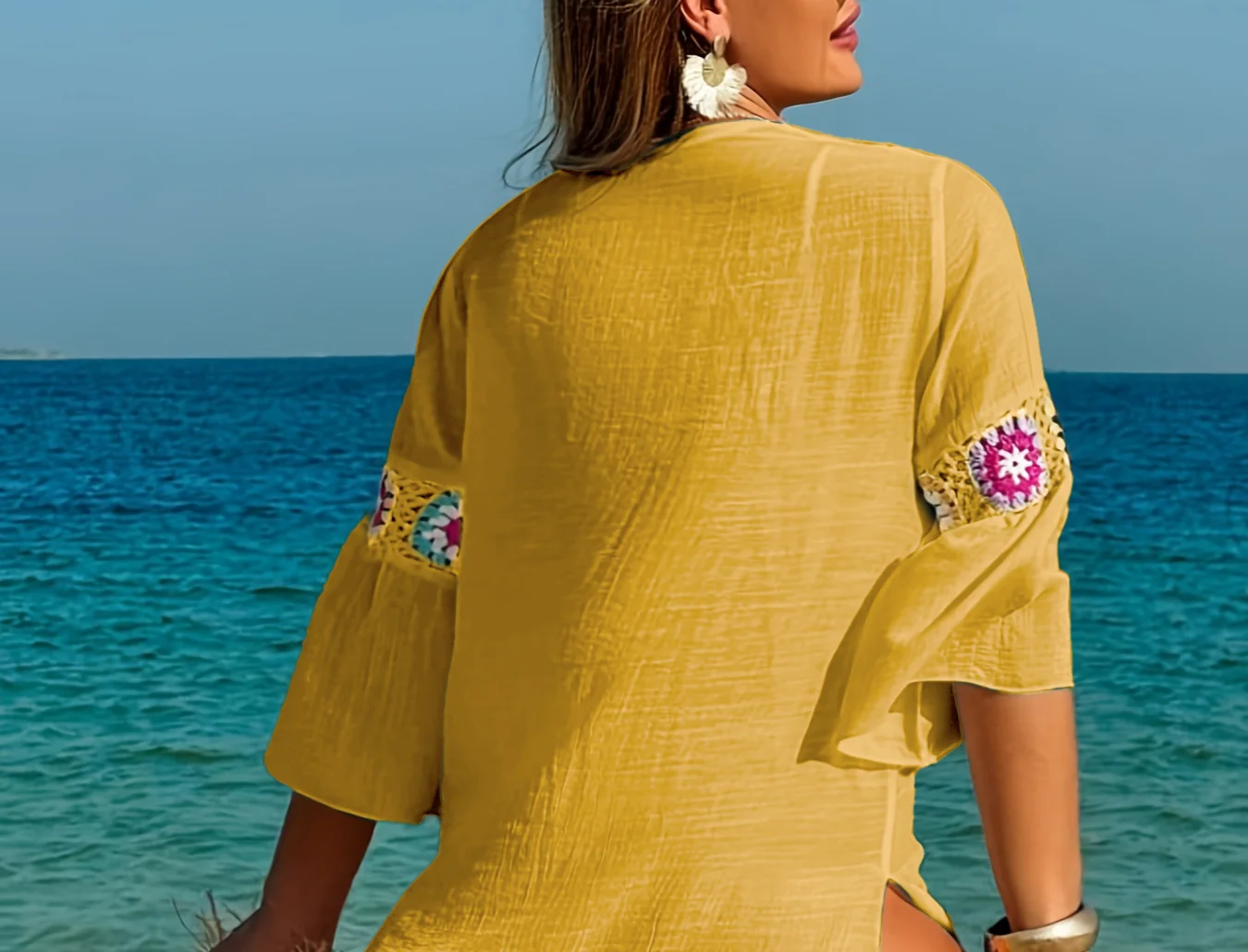 MOXDOBohemian Crochet Beach Dress, Loose Flared Sleeve Vacation Tunic for Pool & Seaside view 5