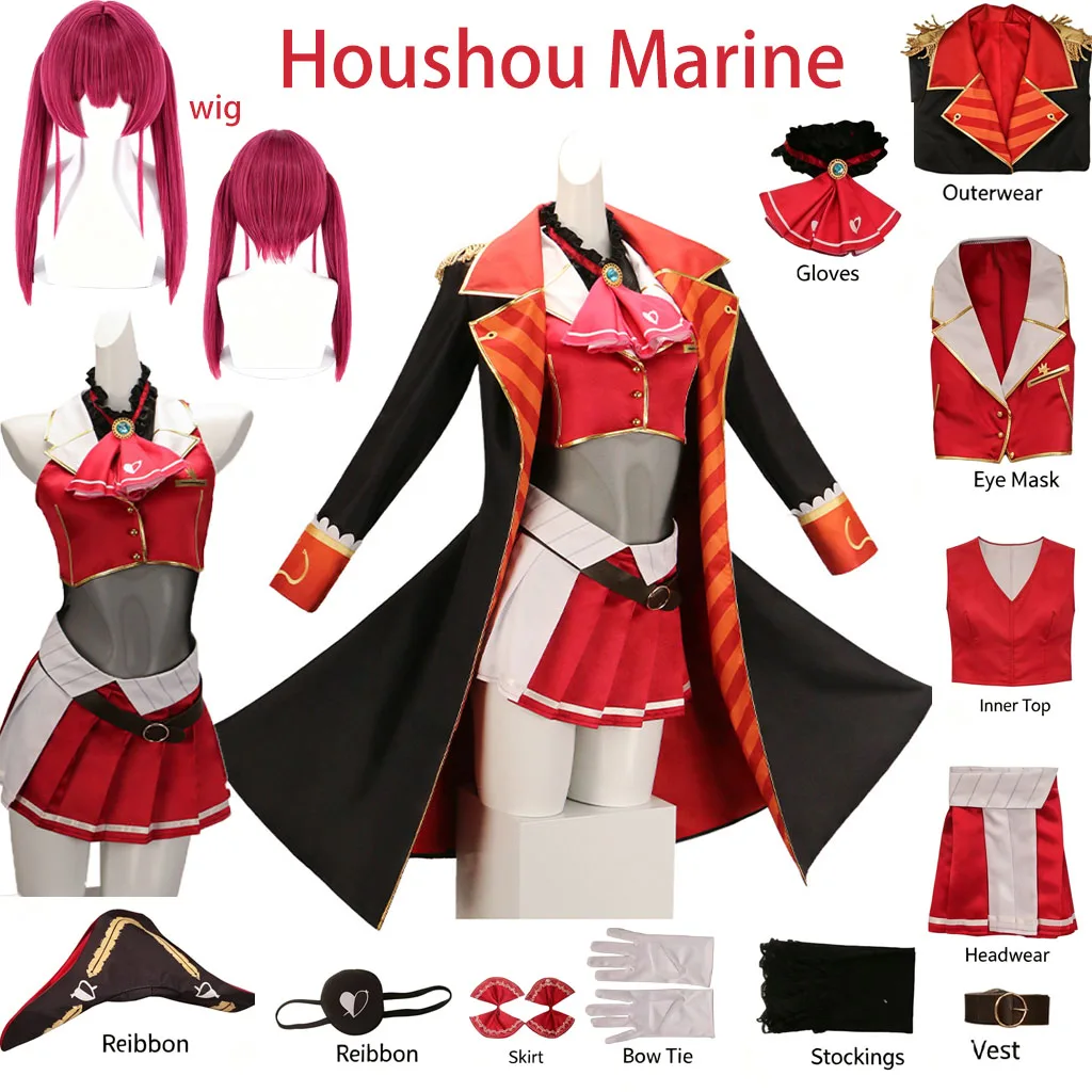 Disfraz de Cosplay de Hololive Houshou Marine, conjunto completo de uniforme de pirata con peluca, sombrero, traje de Halloween, Carnaval, VTuber