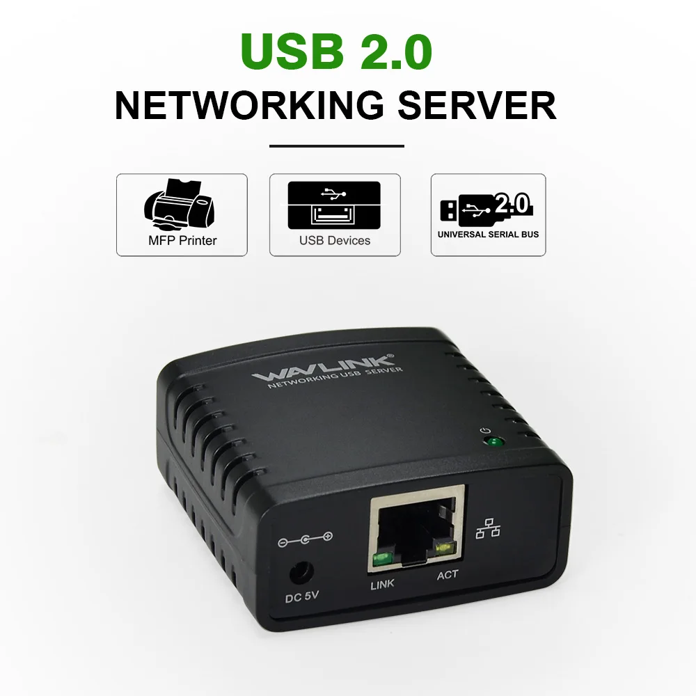 Wavlink USB 2.0 LRP Server di stampa Condividi a LAN Stampanti di rete Ethernet Adattatore di alimentazione HUB USB Server di stampa di rete da 100 Mbps US