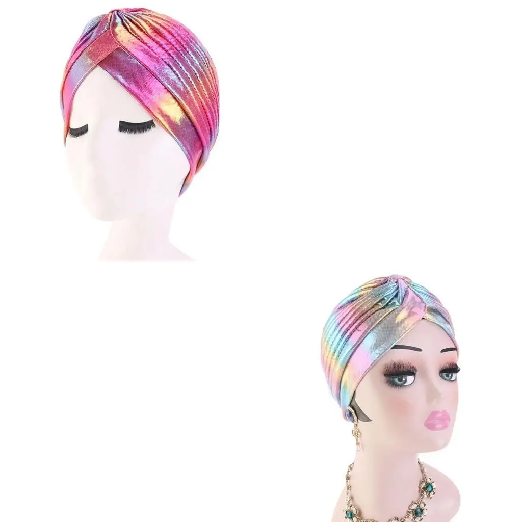 652f-女性レインボーメタリックターバンハットツイストプリーツヘッドラップグリッター脱毛キャップ