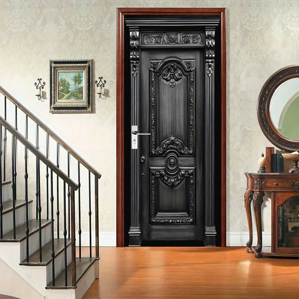 Two Elegant Black Wood Grain Door Stickers, Self-Adhesive Wall Stickers, Exquisite Details, Suitable for Bedrooms, Living Rooms,