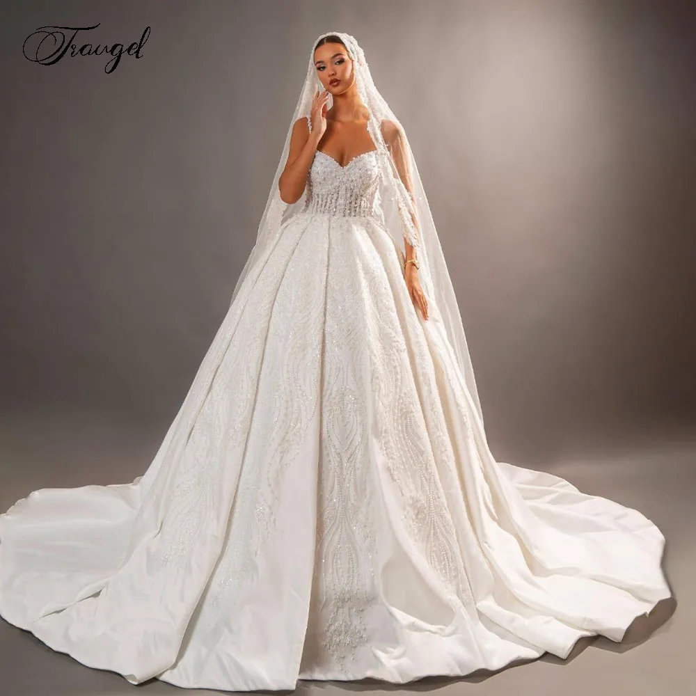 

Customized Spaghetti Straps Ball Gown Wedding Dresses Lace Beaded Sequined Vestido De Novia For Women Matte Satin Robe De Mariee