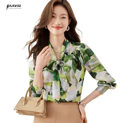 NAVIU Green Long Sleeve Bow Tie Ribbon Printed Shirt Women Tops 2023 New Autumn Fashion Temperament Formal High End Blouses