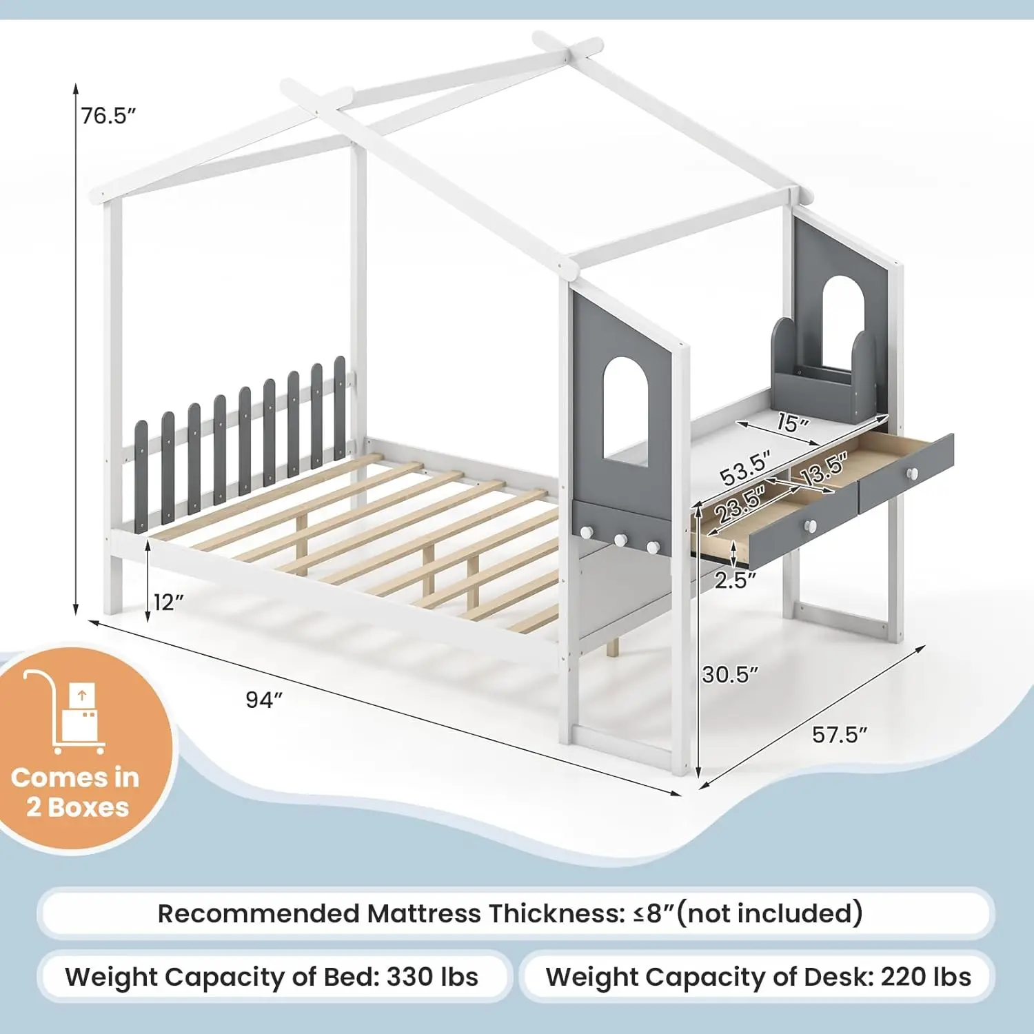 Komfott Full House Bed With Desk, Wood Montessori Bed Frame With House Roof Canopy, 2 Drawers, Modern Playhouse Bed With Fence