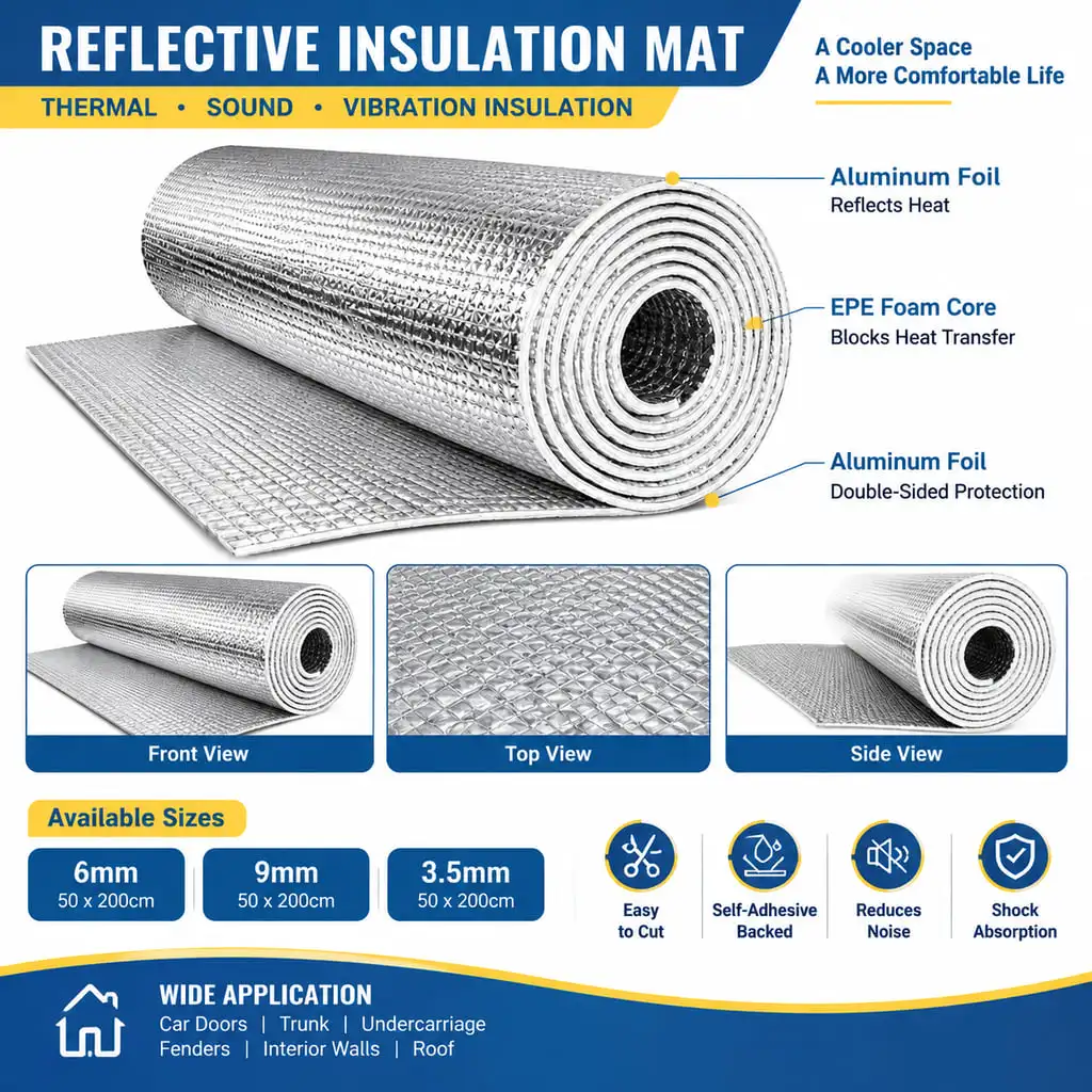 PINMOAP Self Adhesive Double Sided Aluminum Foil Insulation Sheet 6mm 9mm 3.5mm Soundproof Heat Barrier Roll for Cars